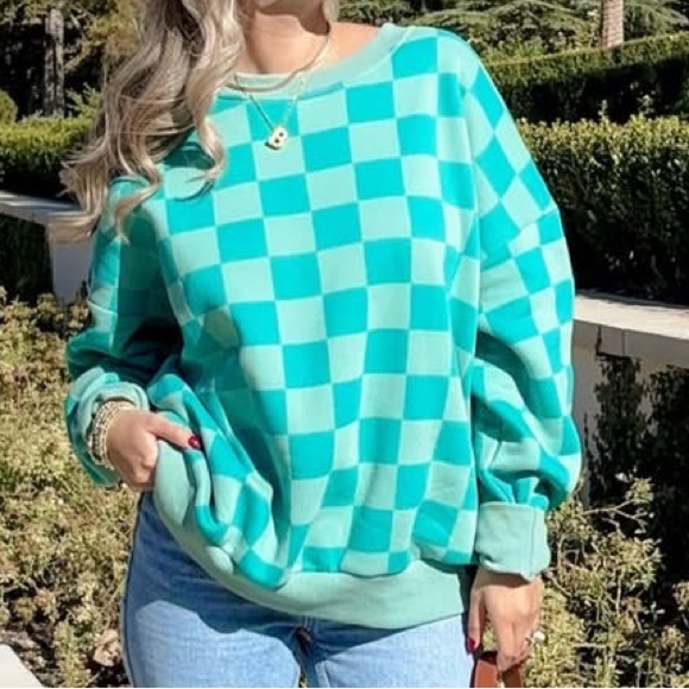 Katydid Checkered Teal Women’s Oversized Sweatshirt, size M